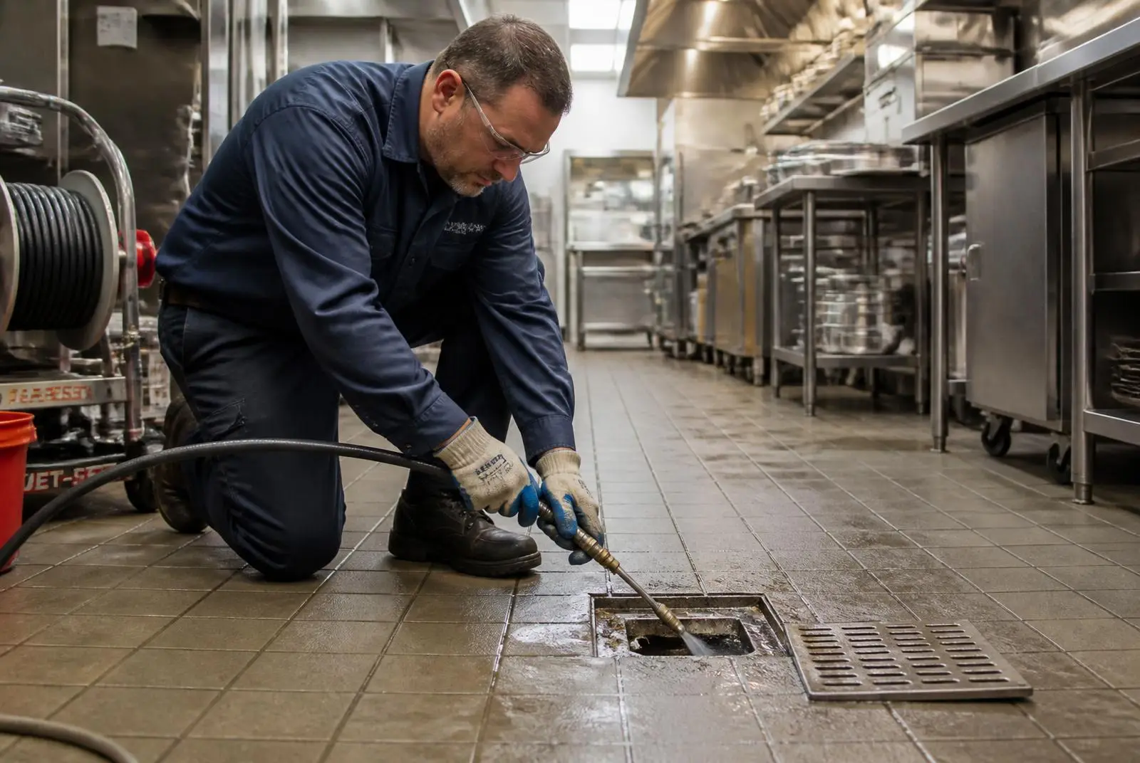 Technician working on commercial drain piping