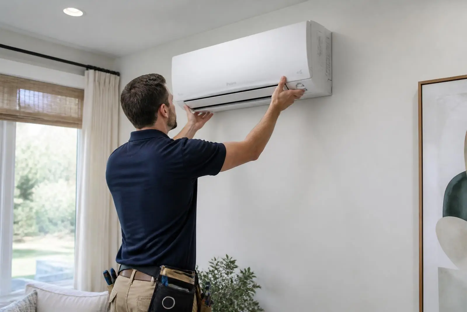 Technician installing a wall-mounted ductless mini-split in a living room