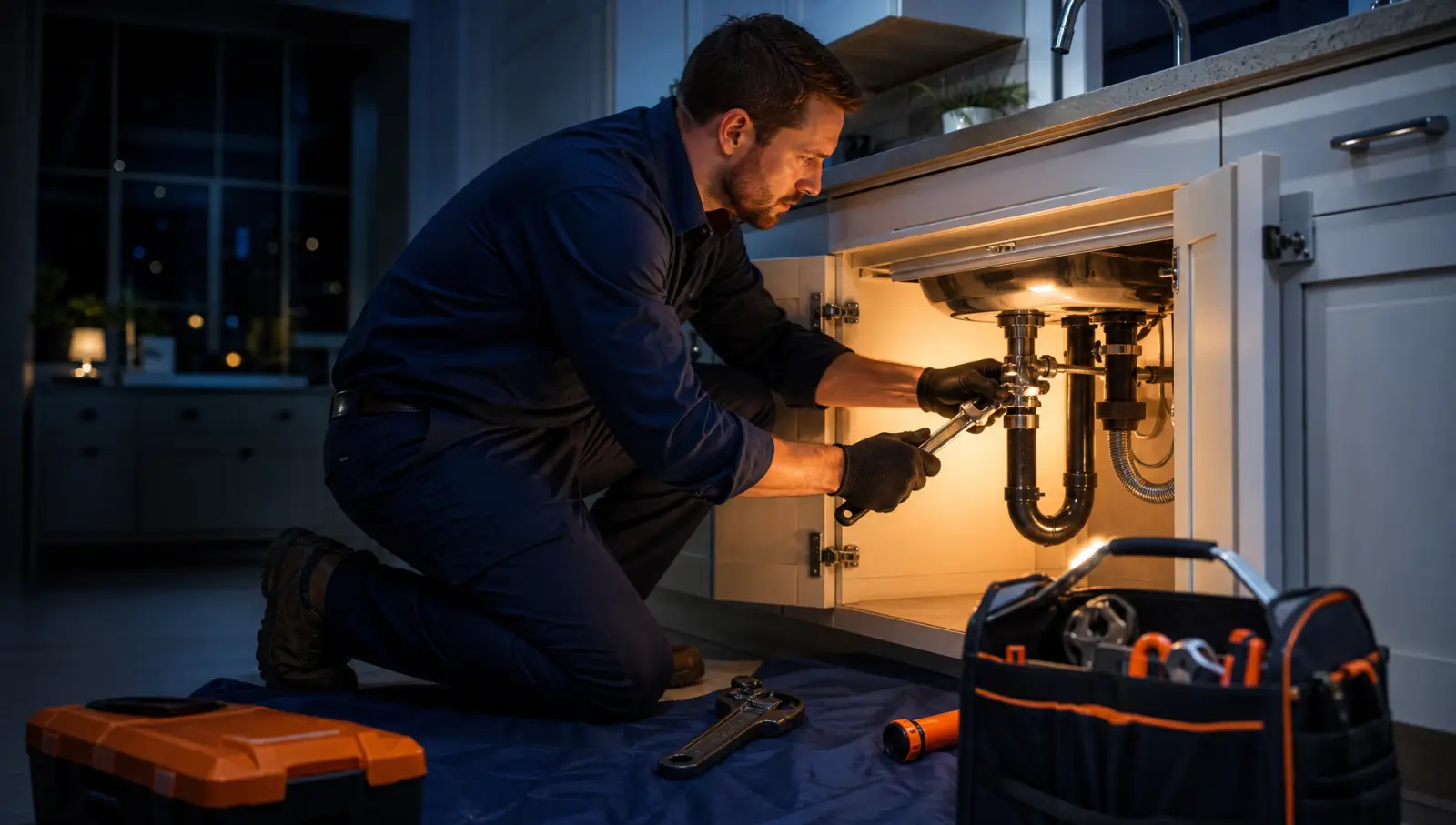 Plumber repairing a drain line under a kitchen sink