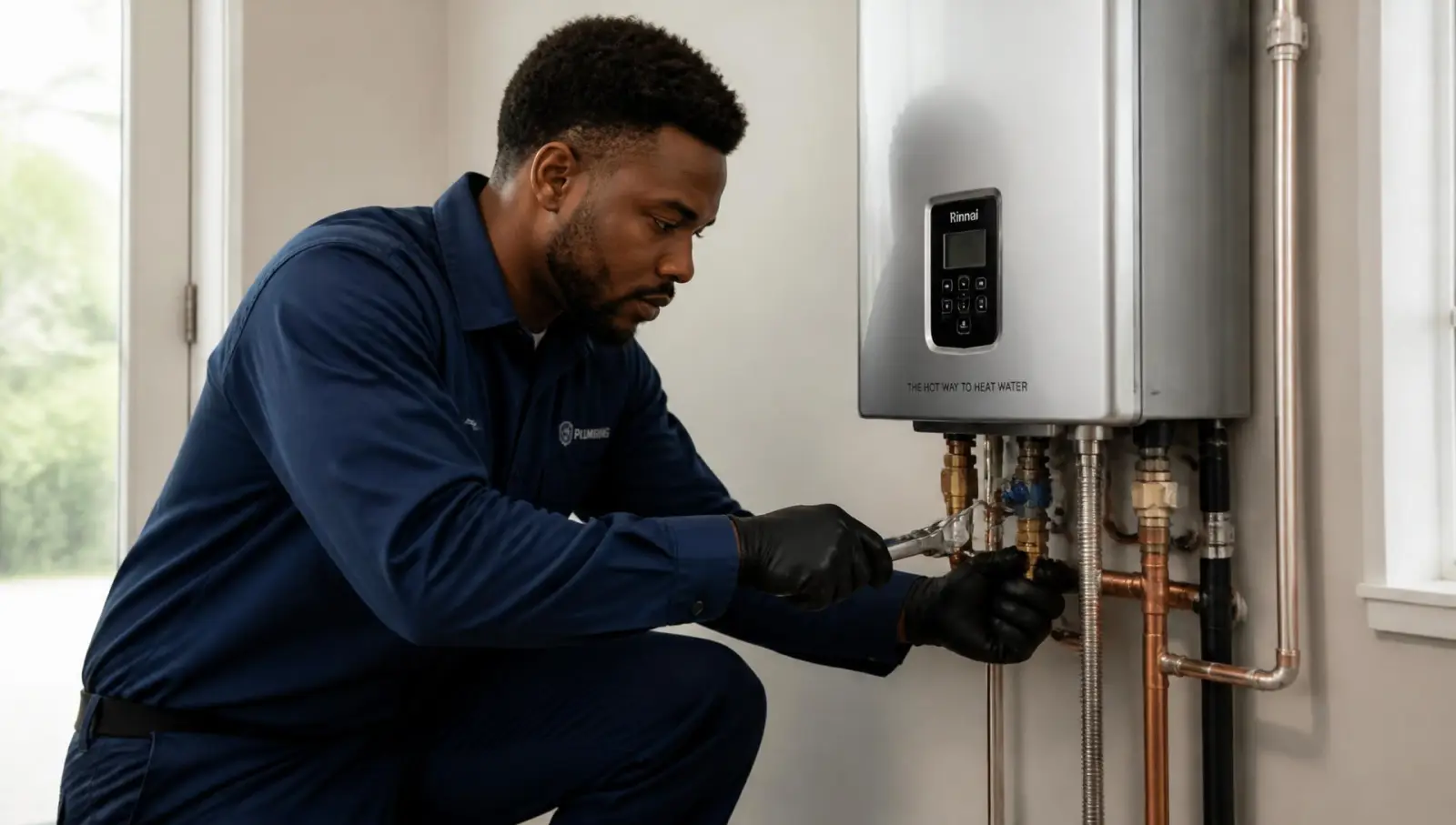 Seven Service Pros technician servicing a water heater in a Long Island home