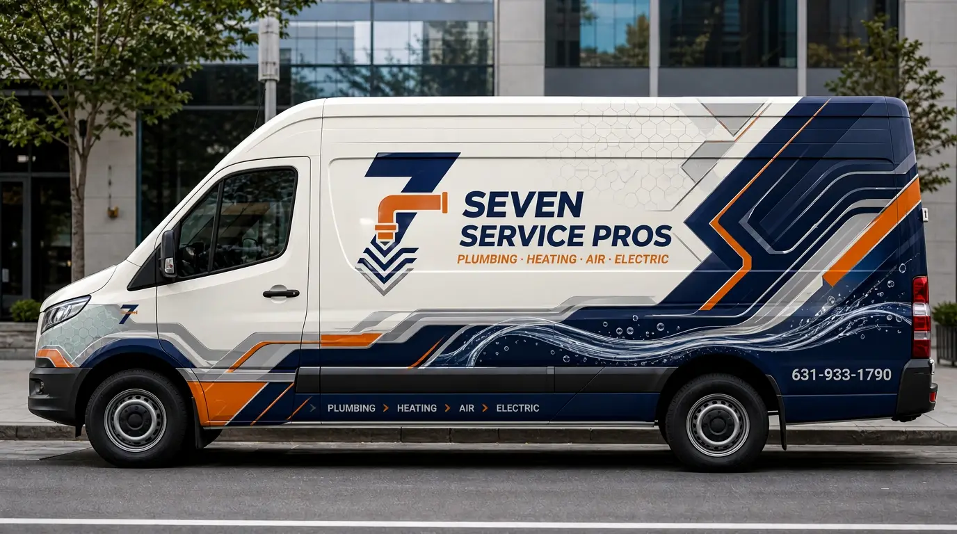 Navy-and-orange Seven Service Pros service truck on Long Island
